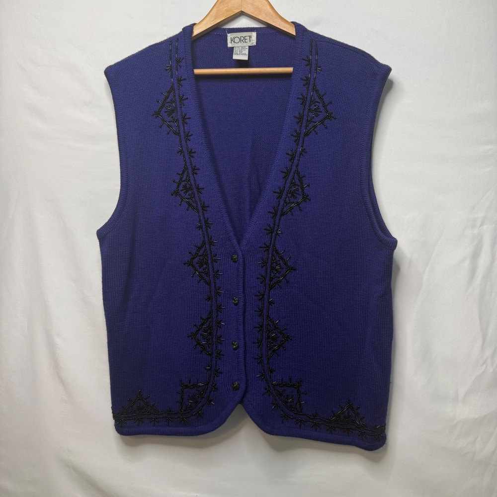 Vintage Koret 2X Purple Wool Blend Beaded Sweater Vest 90s Whimsigoth Grannycore